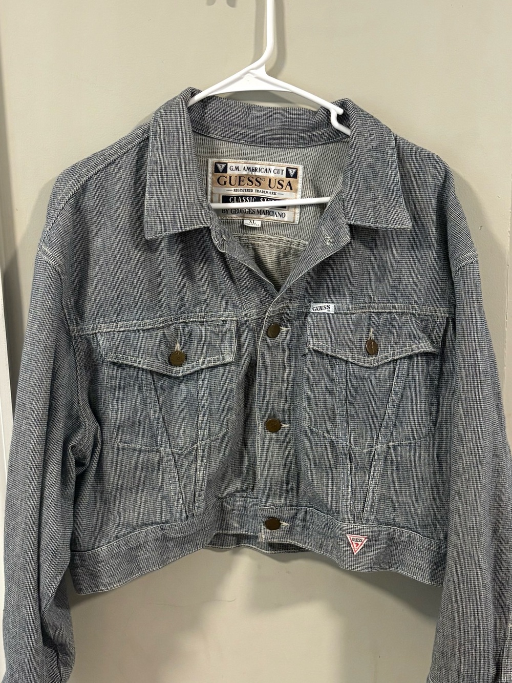 VINTAGE GUESS USA 100% COTTON RAILROAD STRIPE TRUCKER JACKET XL